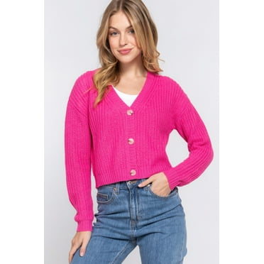 Saronite Solid Long Sleeve V-Neck Button Down Sweater Cardigan Top, Pink (Women's)