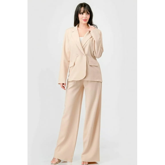 Saronite Solid Luxe Stretch Woven Loose Fit Long Sleeve Button Front Blazer And Wide Legs Pants Semi Formal Set, Taupe (Women's)