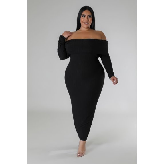 Saronite Solid Off Shoulders Neck Strapless Long Sleeve Stretch Dress, Black (Women's Plus)