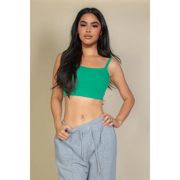 Saronite Solid Ribbed Knit Cami Spaghetti Strap Tank Crop Top, Green (Women's)