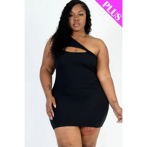 Saronite Solid Ribbed One Shoulder Cutout Front Casual Seamless Mini Bodycon Dress, Black (Women's Plus)