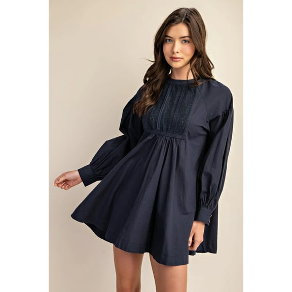 Saronite Solid Round Neck Long Sleeve Cotton Lace Casual Mini Dress, Navy (Women's)