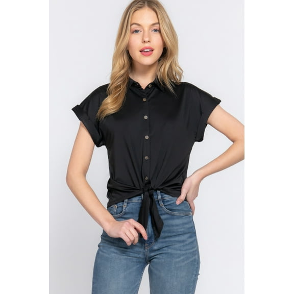 Saronite Solid Short Sleeve Front Tied Button Front Stretch Knit Ity Shirt Top, Black (Women's)