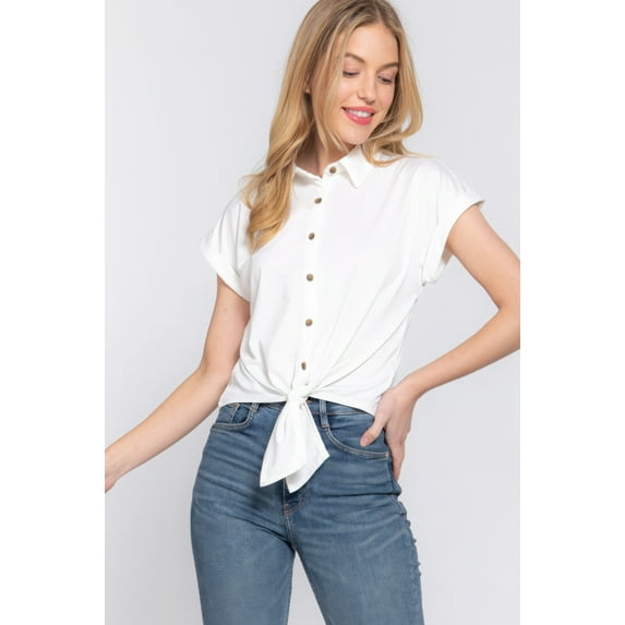Saronite Solid Short Sleeve Front Tied Button Front Stretch Knit Ity Shirt Top, White (Women's)