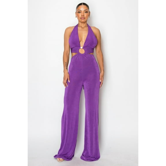 Saronite Solid Sleeveless Olid Slinky Cut Out Sides Stretchy Fit Wide Legs Jumpsuit, Purple (Women's)