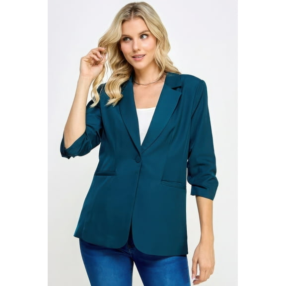 Saronite Solid Slightly Stretchy Long Sleeve Buttoned Detail 3/4 Sleeve Blazer, Forrest Green (Women's)