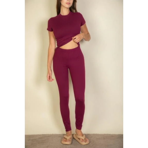 Saronite Solid Stretchy Full Length Knit Soft Leggings, Burgundy (Women's)