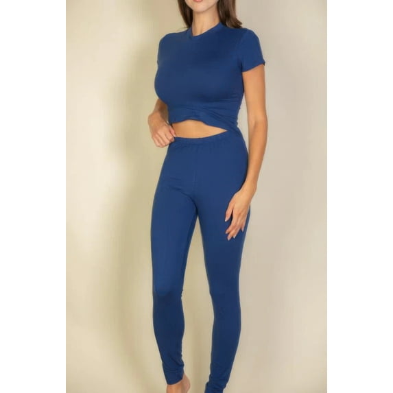 Saronite Solid Stretchy Full Length Knit Soft Leggings, Navy (Women's)