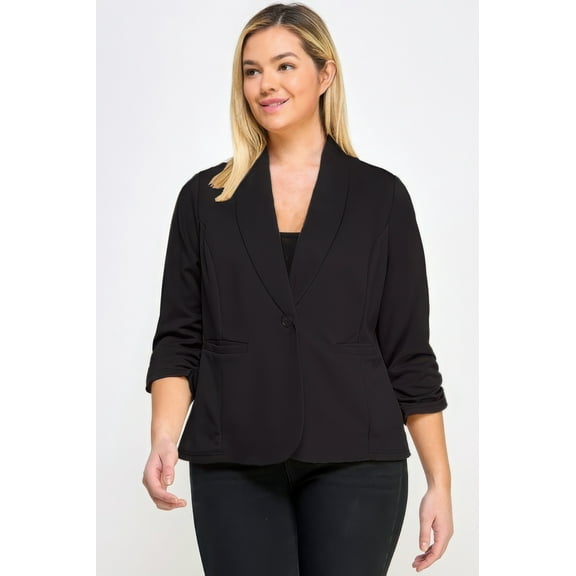 Saronite Techno Scuba 3/4 Sleeve with Elastic Shirring Blazer with Pockets, Black (Women's)