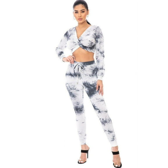 Saronite Tie Dye Print Wrap Front Long Sleeve Ribbed Sweater Knit Crop Top & Sweatpants 2-Piece Set, Charcoal (Women's)