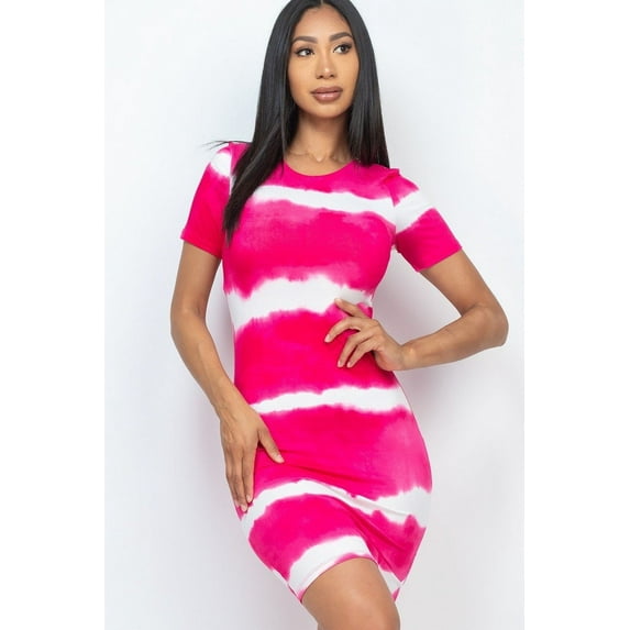 Saronite Tie-dye Bodycon Short Sleeve Midi Dress, Fuchsia (Women's)