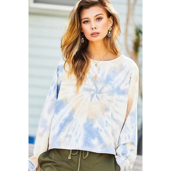 Saronite Tie-dye Printed Round Neck French Terry Pullover, Ash Blue/Sand (Women's)