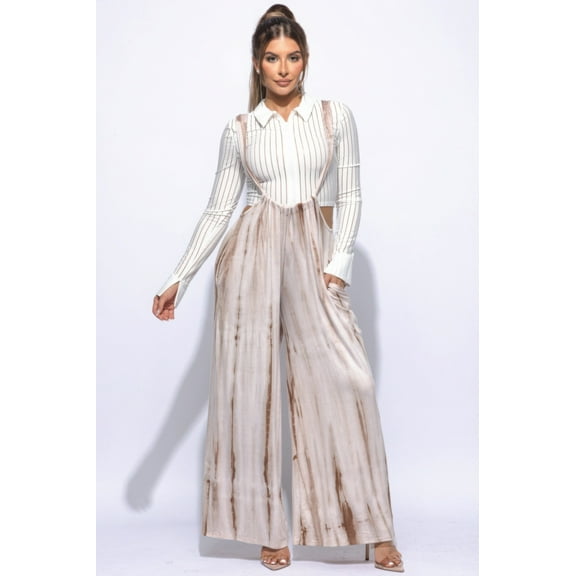 Saronite Tied Dye Printed Rayon Full Length Drawstring Baggy Jumpsuit, Mocha (Women's)