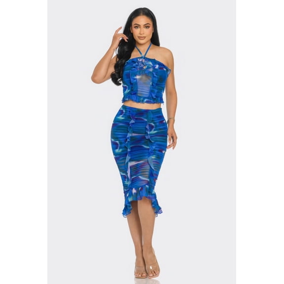 Saronite Tropical Waters Printed Lace Mesh Ruffle Halter Neck Top Skirt Set, Blue (Women's)