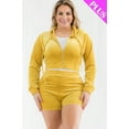 thumbnail image 1 of Saronite Velour Crop Zip Up Soft Long Sleeve Crop Top Hoodie Jacket & Shorts Set, Mustard (Women's), 1 of 5