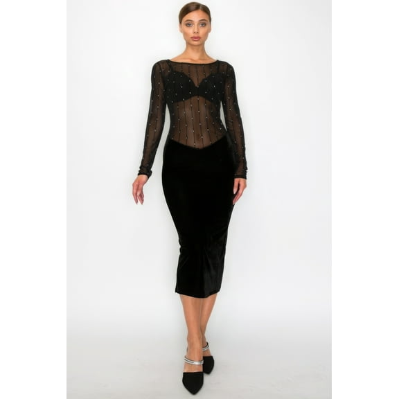 Saronite Velvet Sheer Contrast High Stretch Knit Lace Long Sleeve Round Neck Holiday Midi Dress, Black (Women's)