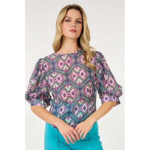 Saronite Vibrant Printed Puff Sleeve Round Neck Top T-Shirt, Fuchsia Multi (Women's)