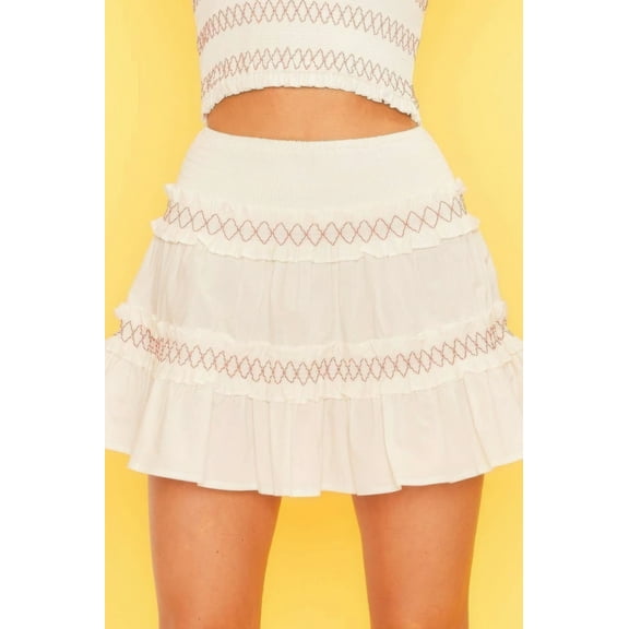 Saronite Waist Smocking Ruffle And Shirring Cotton Mini Skirt, Off White (Women's)