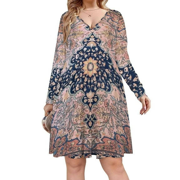 Sarouk Antique West Persian Rug Print Long Sleeve Sexy Dresses For Women Ladies Vintage Elegant Party Dress Oversized V-neck Dress