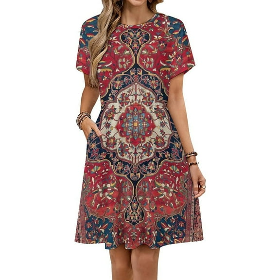 Sarouk Farahan Arak West Persian Rug Print Dress Summer Street Style Dresses Female Short Sleeve Printed Sundress