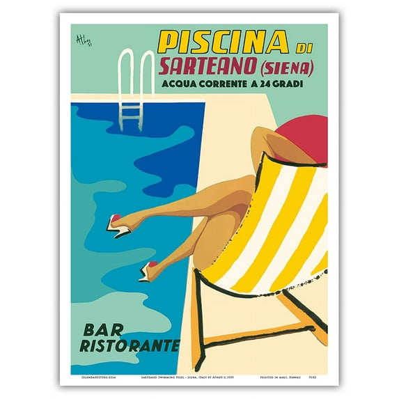 Sarteano Swimming Pool Resort - Siena Italy - Bar Restaurant (Ristorante) - Vintage Travel Poster by Athoy c.1959 - Master Art Print (Unframed) 9in x 12in