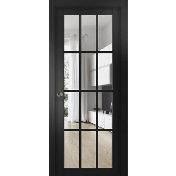 Sartodoors Felicia 3355 Matte Black Sliding French Pocket Door with Clear Glass, Solid Wood Interior Bedroom Door Kit with Trims and Rail Hardware, Sturdy and Durable - Size:28" x 80"