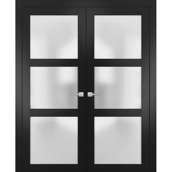 Sartodoors Lucia 2552 Matte Black Solid French Double Doors with Frosted Glass | Wood Panel Frame with Trim | Sturdy Doors for Closet or Bedroom | 48 x 96 inches