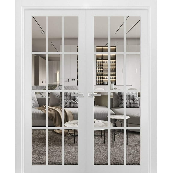 Sartodoors Solid French Double Doors, 12-Lite Clear Glass Panels, Wood with Regular Panel Frame Trims, Sturdy White Silk Finish for Bathroom/Bedroom | Felicia 3355 | Size:56"x96"