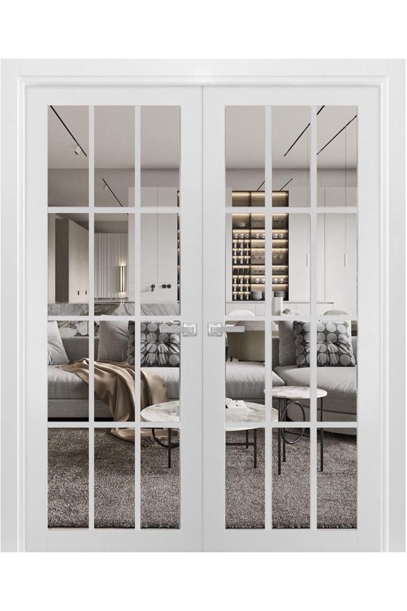 Solid French Double Doors, 12-Lite Clear Glass Panels, Wood with Regular Panel Frame Trims, Sturdy White Silk Finish for Bathroom/Bedroom | Felicia 3355 | Size:72"x84"