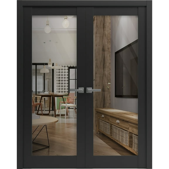 Sartodoors Solid French Double Doors 56" x 84" | Lucia 2166 Matte Black Clear Glass | Solid Wood Panels with Frame & Trims | Modern Interior Doors for Closet, Bedroom, or Living Room