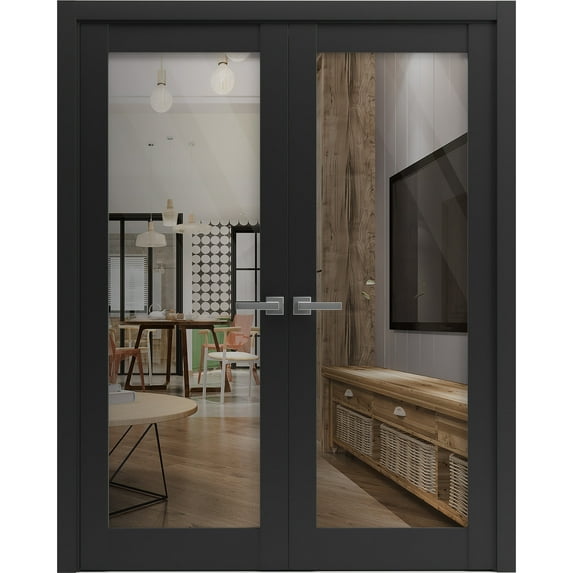 Sartodoors Solid French Double Doors 84" x 96" | Lucia 2166 Matte Black Clear Glass | Solid Wood Panels with Frame & Trims | Modern Interior Doors for Closet, Bedroom, or Living Room