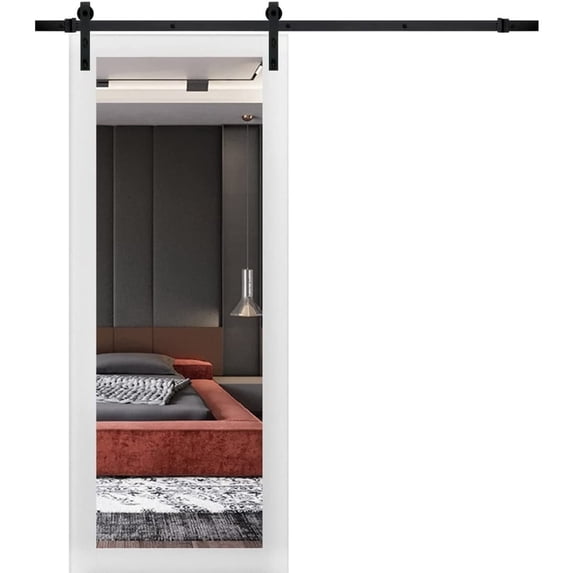 Sartodoors Sturdy Barn Door Set | 28" x 84" Modern Solid Panel | Lucia 1299 White Silk | 6.6FT Rail Hangers & Heavy Hardware | Black Rail & Mirror Design