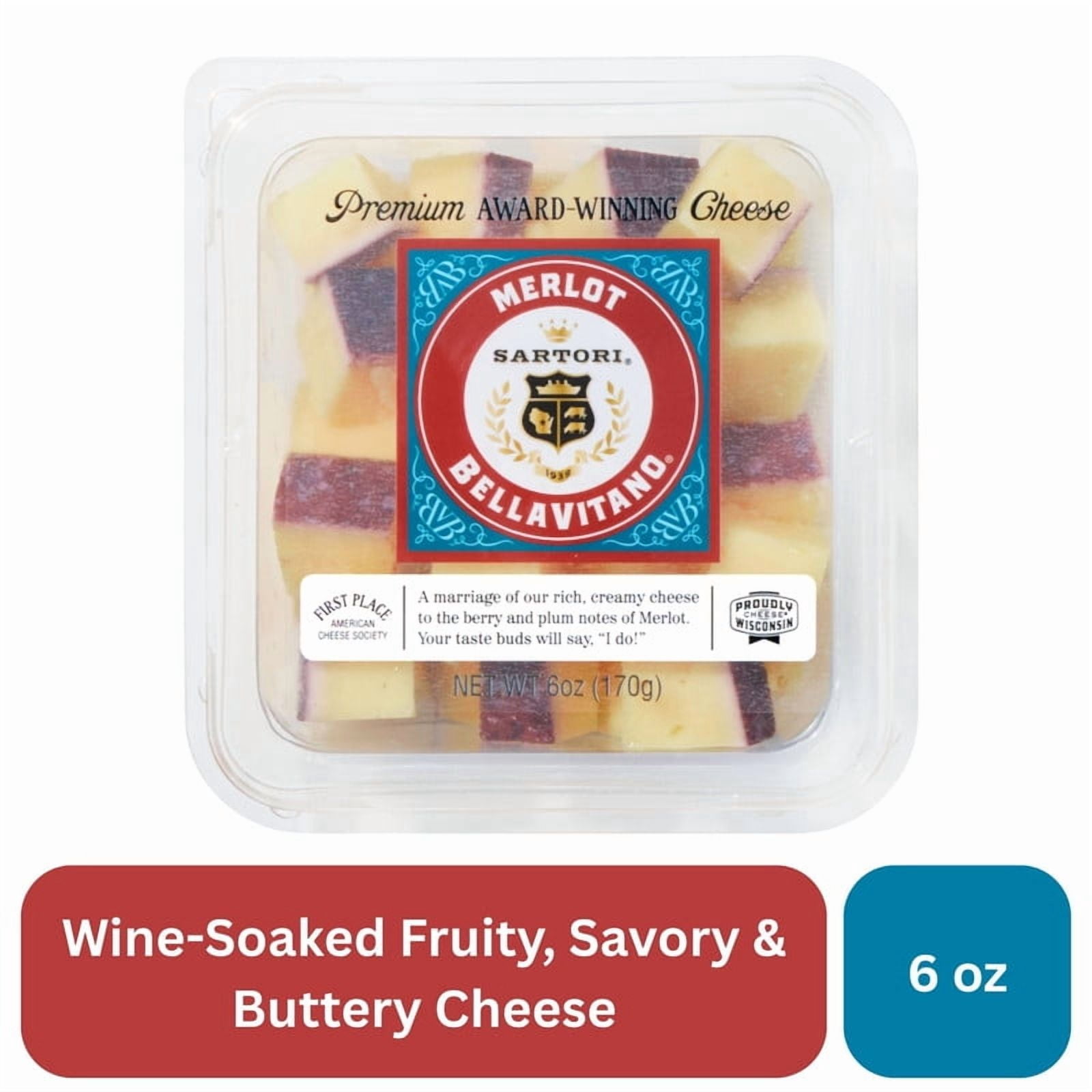 Sartori Merlot BellaVitano Cheese Cubes, Specialty Cheese, Aged Cheese, Fruity, Savory, Wine Soaked Cheese, Refrigerated
