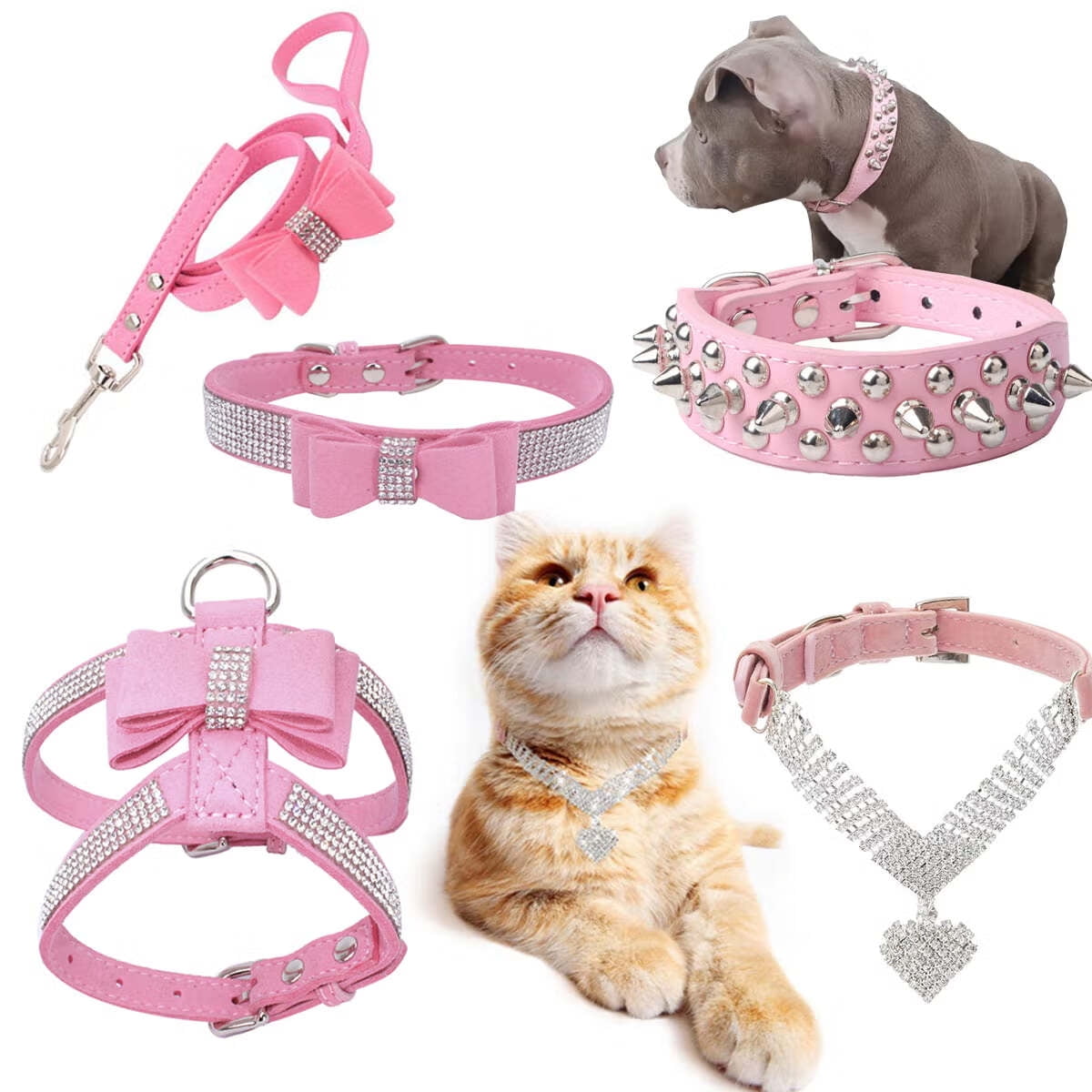 Sarzi Sparkling Rhinestone Pet Collar Set 5 Pack, Pink Adjustable