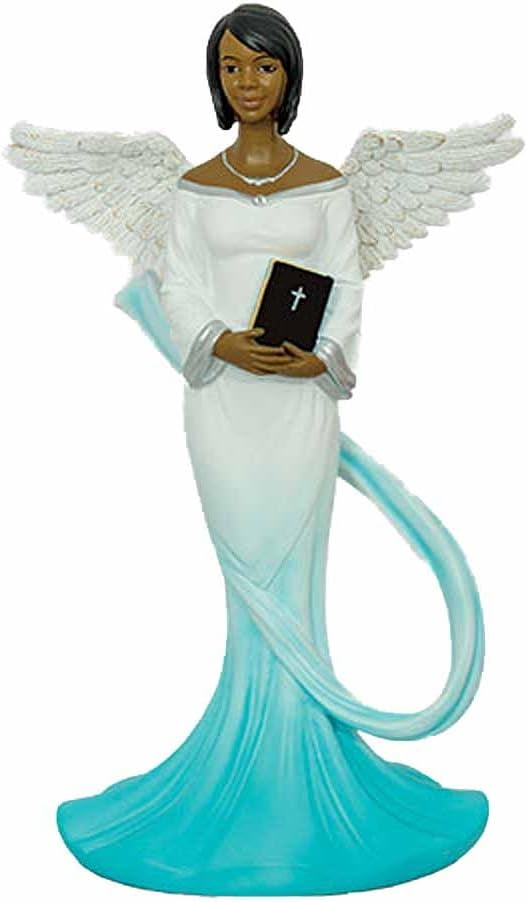 Cyan and White Resin Angel Figurine with Bible