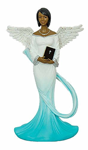 Cyan and White Resin Angel Figurine with Bible