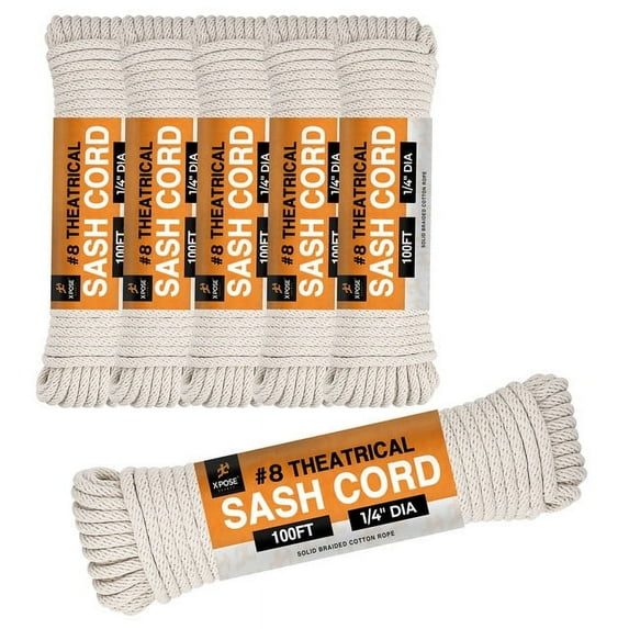 Sash Cord - Cotton and Nylon Rope - 1/4 Inch x 100 Ft Rope - White Cotton Rope with Nylon Core - Window Sash Rope, Clothesline Rope, Low Stretch Cordage - Synthetic Line with Cotton Cord Cover 6 Pack