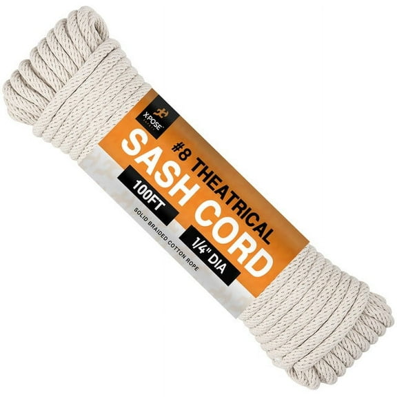 Sash Cord - Cotton and Nylon Rope - 1/4 Inch x 100 Ft Rope - White Cotton Rope with Nylon Core - Window Sash Rope, Clothesline Rope, Low Stretch Cordage - Synthetic Line with Cotton Cord Cover 1 Pack