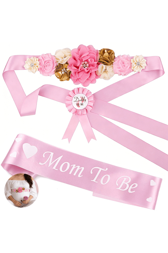 Sash Decorations Mom to Be Corsage Gift Dad to Be Pin 3Pack Set Pink Flower Belt for Maternity Dress - Gender Reveal Pregnancy Photo Props