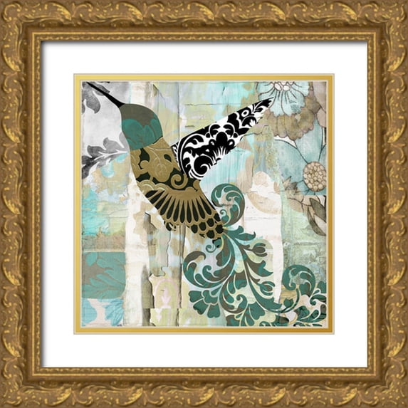 Sasha 15x15 Gold Ornate Wood Framed with Double Matting Museum Art Print Titled - Hummingbird Batik II