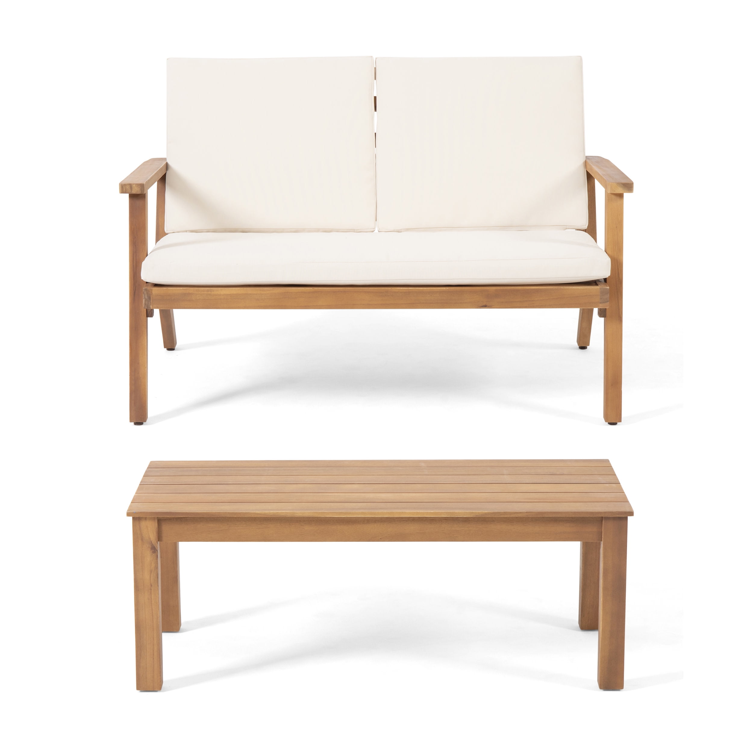Sasha Acacia Wood Outdoor Loveseat and Coffee Table Set with Cushions, Brown Patina, Cream