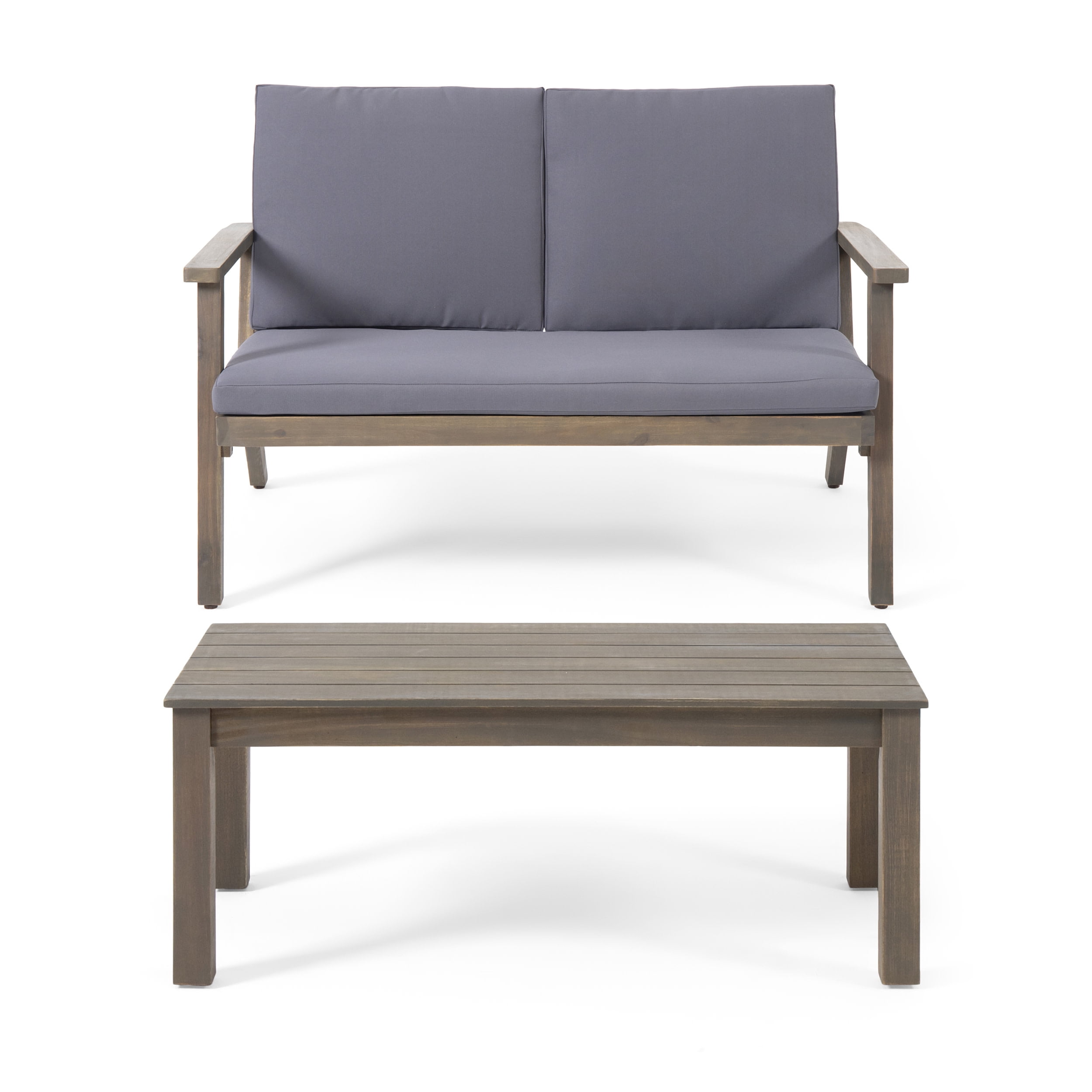 Sasha Acacia Wood Outdoor Loveseat and Coffee Table Set with Cushions, Gray, Dark Gray