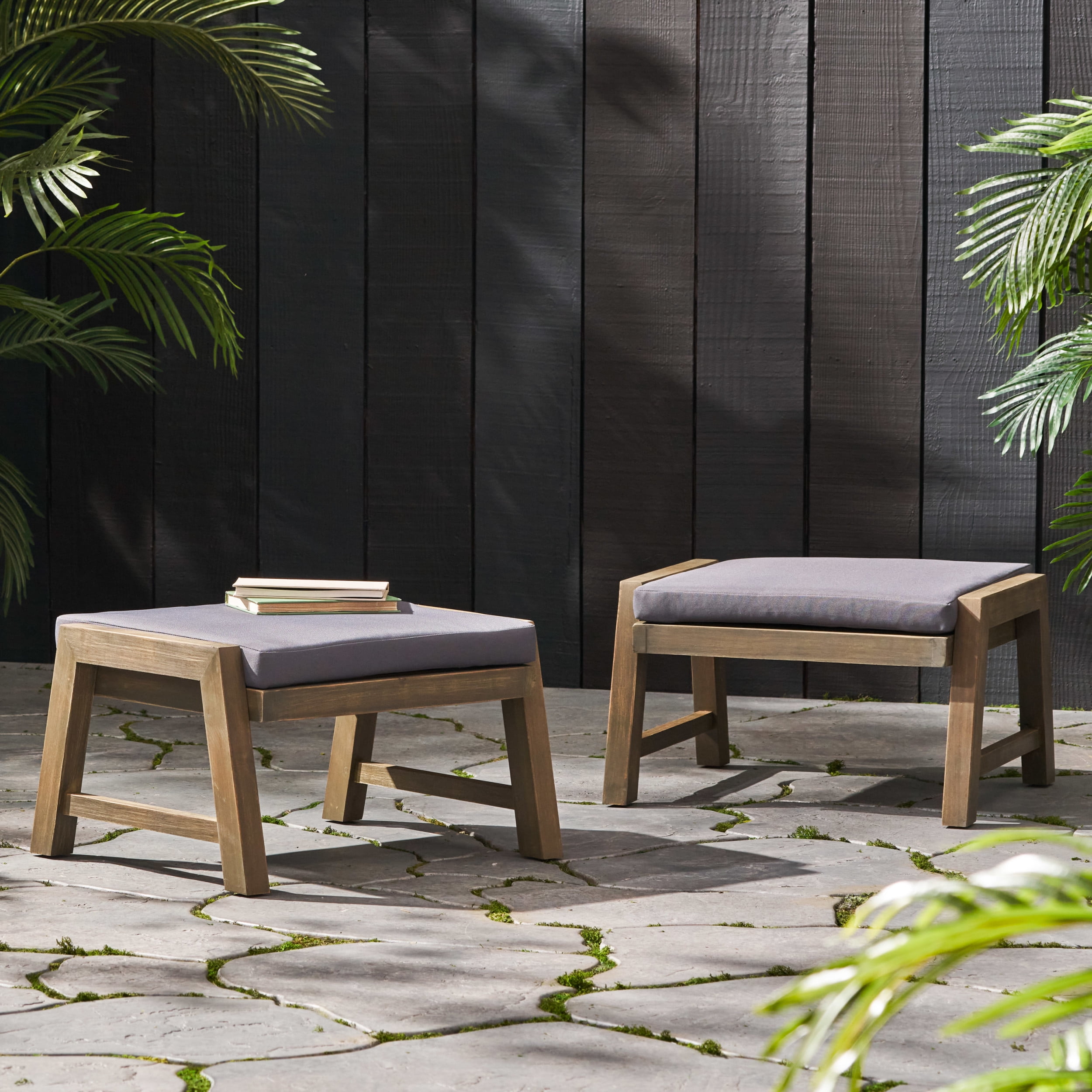 Sasha Acacia Wood Outdoor Ottomans with Cushion, Set of 2, Gray and