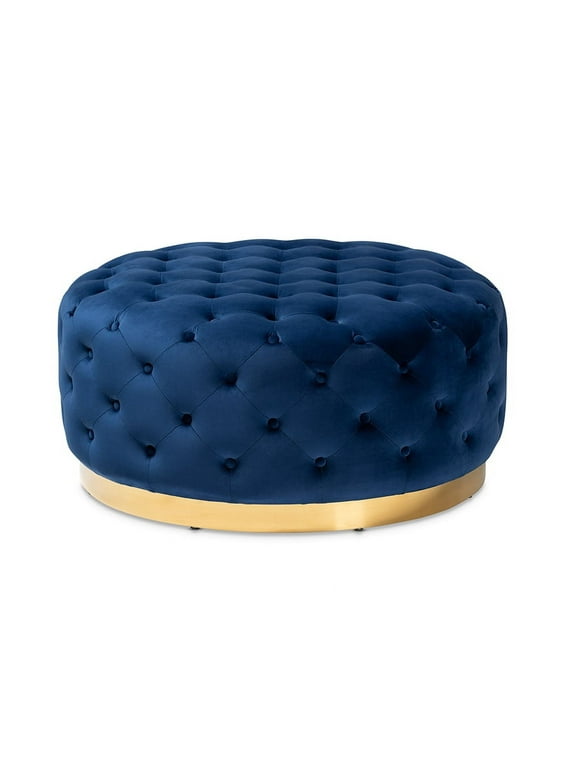 Sasha Glam and Luxe Royal Blue Velvet Fabric Upholstered Gold Finished Round Cocktail Ottoman