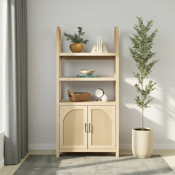 Sasha Modern Arched Bookshelf Cabinet with Reeded Doors, Coastal Oak