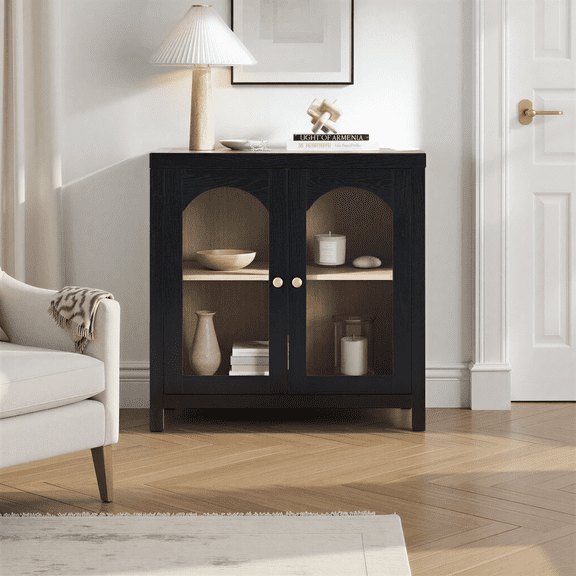 Sasha Modern Arched Glass Accent Cabinet with Brass Hardware, Black