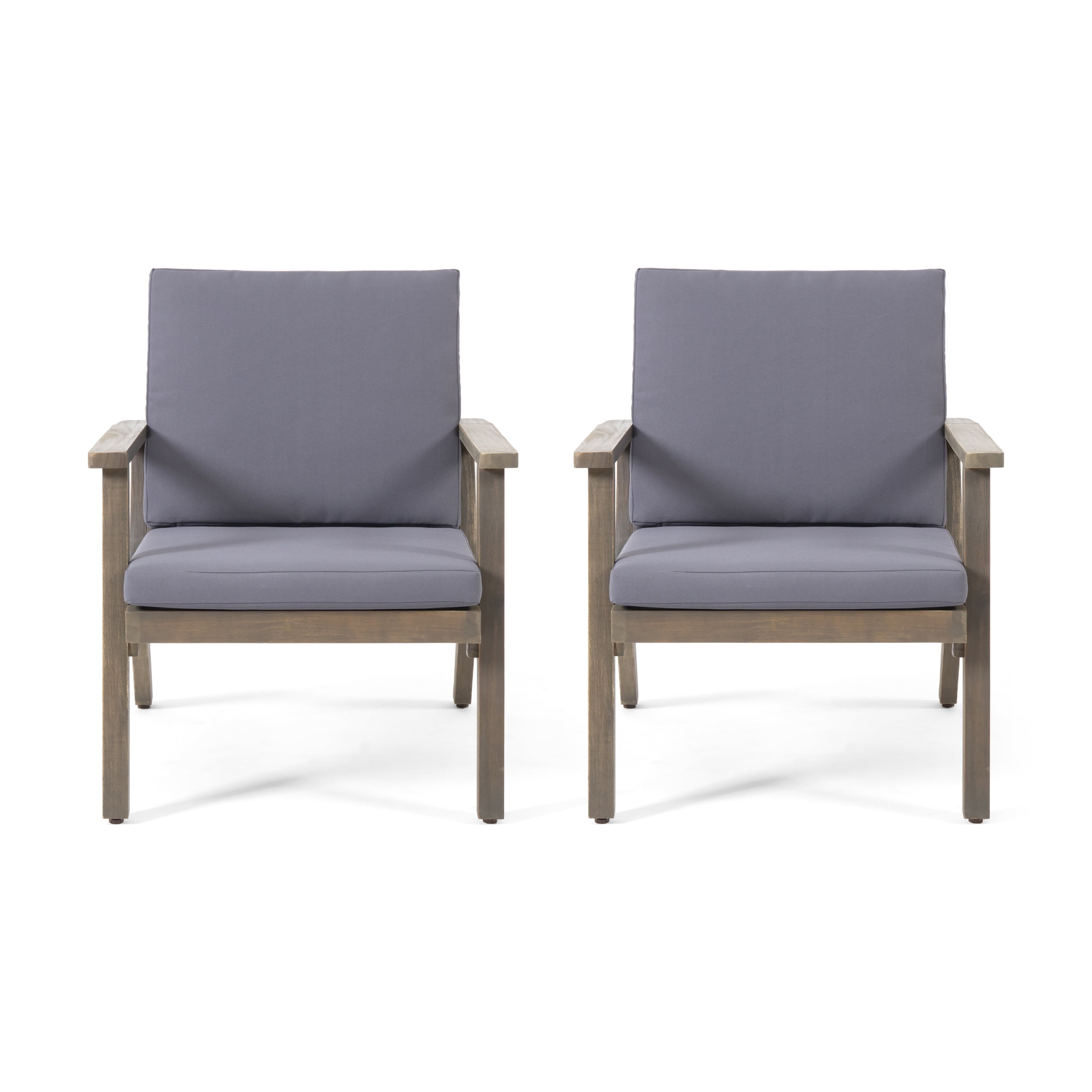Sasha Outdoor Acacia Wood Club Chairs with Cushions, Set of 2, Gray, Dark Gray