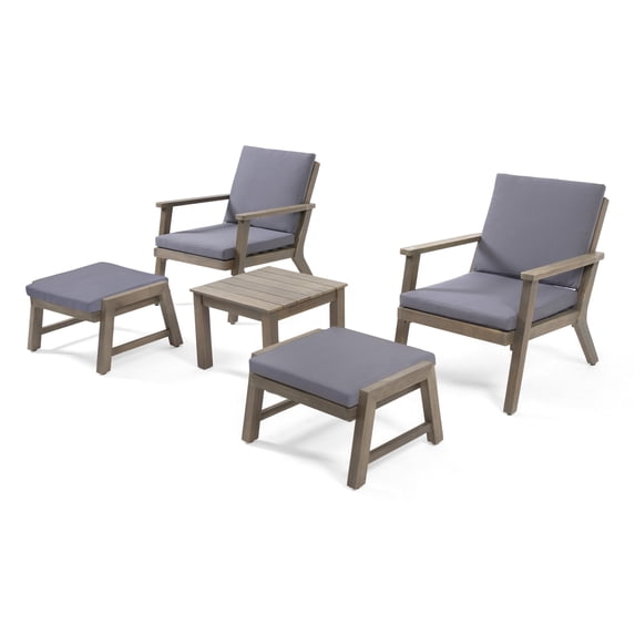Sasha Outdoor Mid-Century Modern Acacia Wood 2 Seater Chat Set with Ottomans, Gray, Dark Gray