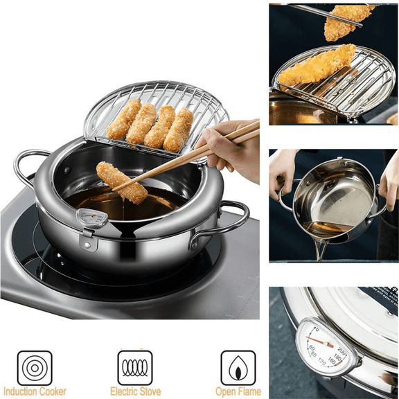 Sasha Square Japanese Style Deep Fryer Pot With Drain Lid & Thermometer 24 cm, 3.2L Capacity