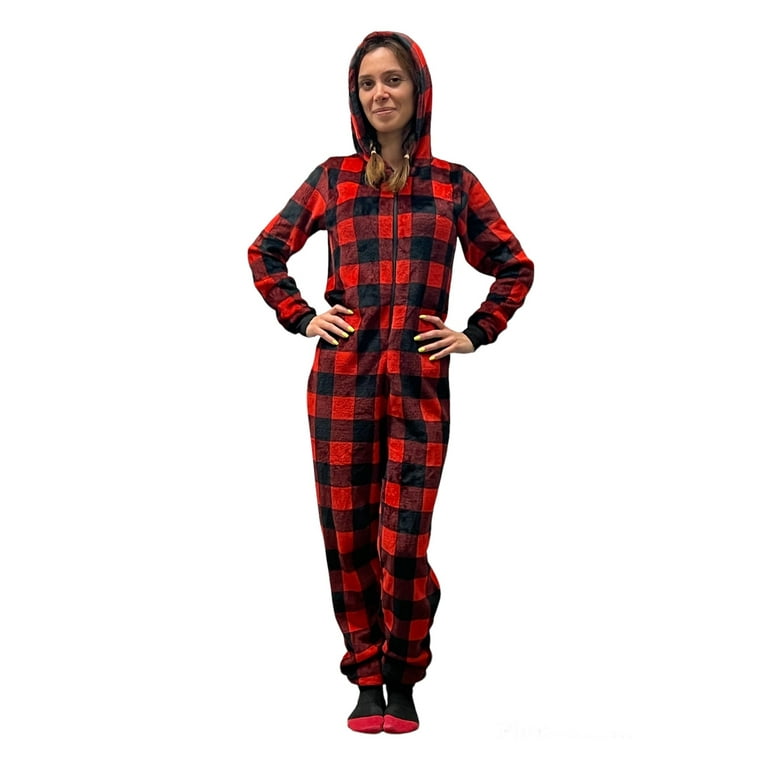 Sasha Women Buffalo Plaid Fleece One Piece Pajamas Hoodie Onesie Plaid Union Suit Jumpsuits Size Large X Large